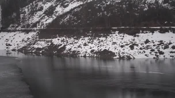 Winter Magic Alpine Lake Amidst Fog Snowfall Snowy Solitude Austria — Stock Video