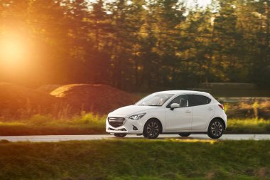 Güzel bir ormanla çevrili, Manzaralı bir yolda giden bir araba.