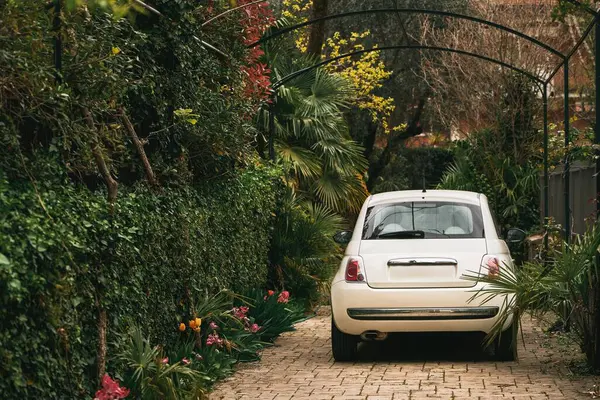 Tampilan Belakang Mobil Kompak Putih Yang Diparkir — Stok Foto