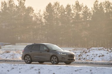 Güzel bir ormanla çevrili, Manzaralı bir yolda giden bir araba.