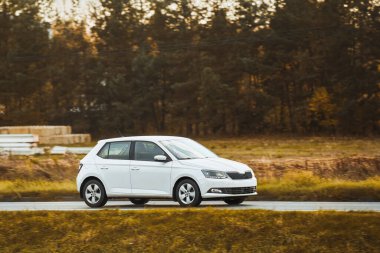 Güzel bir ormanla çevrili, Manzaralı bir yolda giden bir araba.