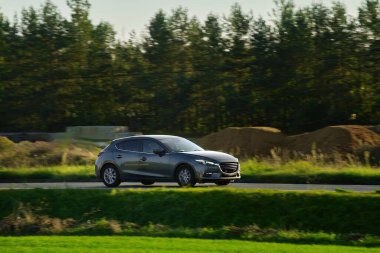 Altın otlakların ortasındaki Parlak bir araçla Doğada Yolculuk