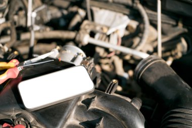Mobile App Diagnoses Car Trouble. Engine Bay Inspection clipart