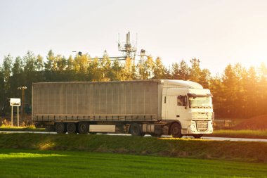 Side view of truck with semitrailer shipping goods on the highway. Sustainable future global supply chain. Export and import in the EU economic zone. Logistics and shipping concept.