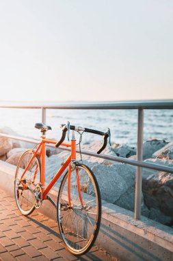 Turuncu Yol Bisikleti Sahil kenarında Günbatımında