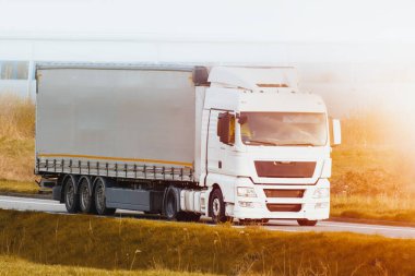 Kargo kamyonu güneşli yolda gidiyor.