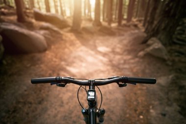 Orman Yollarında Özgürlük 'ü dağ bisikletiyle hava askı çatalıyla kucaklamak. Bisiklet POV gidonu.