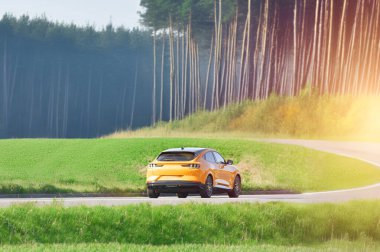 Yeşil Tarlalar ve Orman 'dan geçen Turuncu EV SUV
