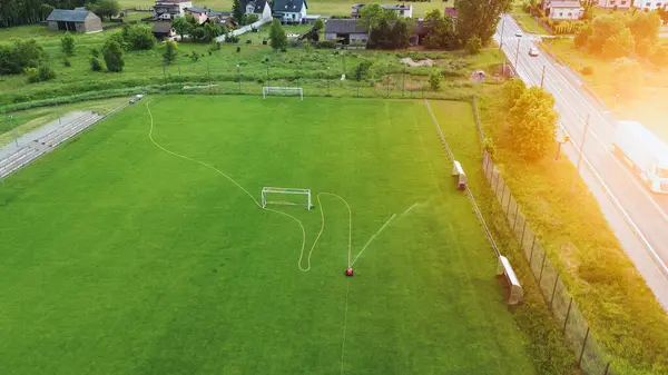 stock image Aerial View of Automatic Watering System on Soccer Field