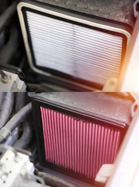 Yeni ve eski hava filtreli araba motoru karşılaştırması