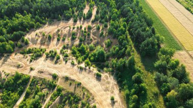 Yükseklerden görülen toprak bisiklet yolları yemyeşil ormanlarda