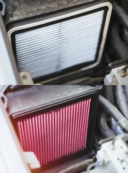 stock image Car engine with clean and dirty air filters side by side