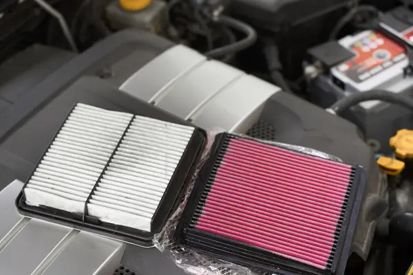 stock image Air filters on car engine, clean and used