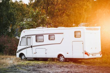 Huzurlu bir ormanlık alana park edilmiş bir karavan.