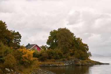 Norveç 'te gölün kıyısındaki büyüleyici kırmızı kulübe