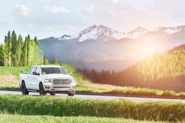Açık renkli Amerikan ram kamyonu güneşli bir günde doğada