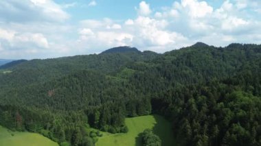 Mavi gökyüzü olan ormanlı dağlardan oluşan hava manzarası.