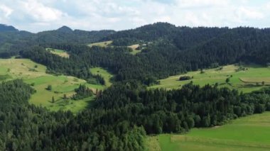 Dağlık arazide, orman parkının üzerindeki parlak sabah güneşi.