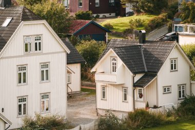 Banliyöde yeşillikli geleneksel ahşap evler