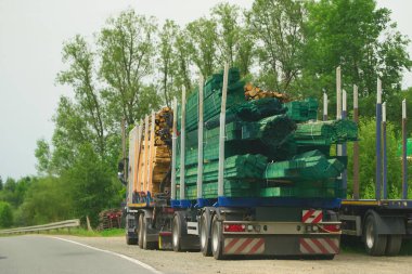 Kırsal yolda kereste ve ahşap kalaslar taşıyan kamyonlar.