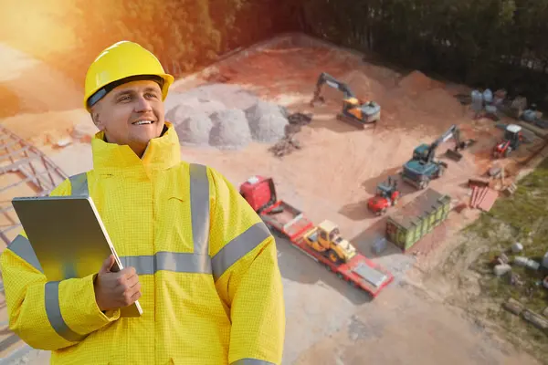 stock image Worker in high-visibility jacket at construction site