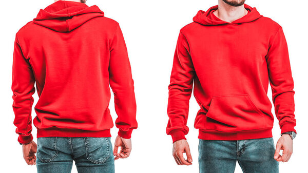 Man in red sweatshirt, mockup with space for design