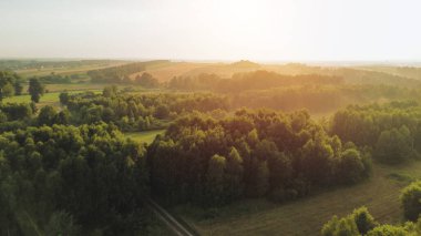 Sabah sisi ve gün ışığı ormanın üzerinde, hava manzarası