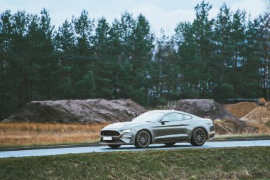 Gri kaslı araba ıslak yolda ilerliyor.