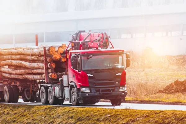 stock image Logging truck with timber load on country road