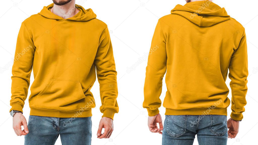 Vibrant yellow hoodie on young man, blank design space