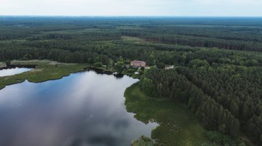 Akşamları gökyüzü yansıması olan manzaralı orman gölü.
