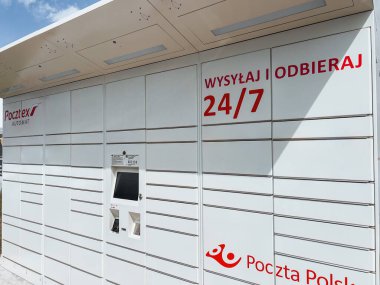 06.29.2024 Poland, Europe. Pocztex Automated postal locker for package pickup 24-7 clipart