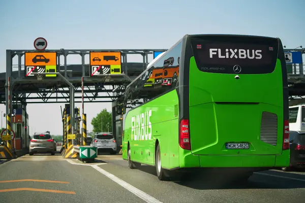 stock image Green Flixbus entering toll gate, 27.09.2024 Poland, Europe