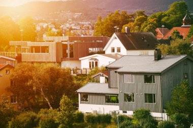 Kırmızı ve siyah çatı aksanlı İskandinav beyaz evleri