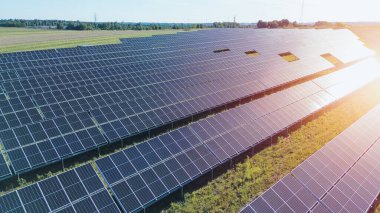 Güneş panelleri gün batımında bir enerji santralinde sürdürülebilir enerji topluyor.