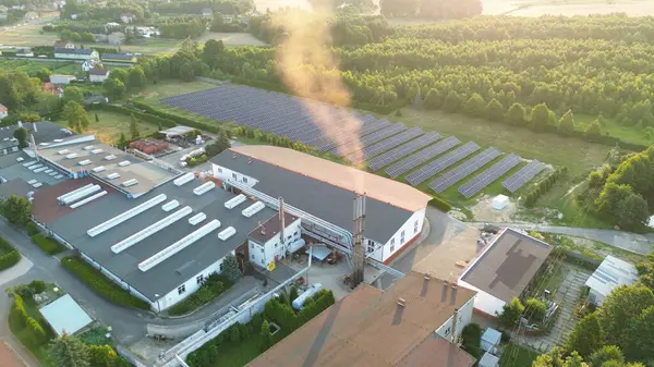 Doğada güneş enerjisi sistemi olan bir fabrika.