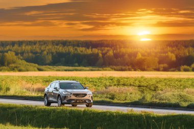 Sunset drive in a stylish SUV through rural landscape clipart