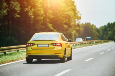 Orman yolunda giden sarı sedan.