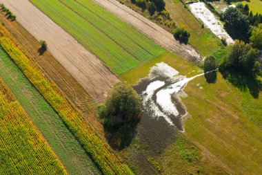 Aerial shot of fields and flood near village clipart