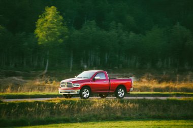 Kırsal alanda kırmızı kamyonet