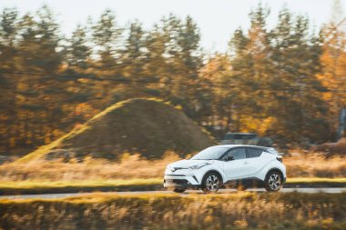 Çimenli yol kenarında kompakt şehir arabası