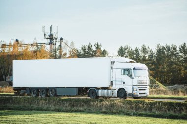 Kırsal yolda mal taşıyan sanayi kamyonu.