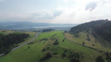Yazın Polonya 'da uzak dağları olan yeşil tarlaların havadan görünüşü