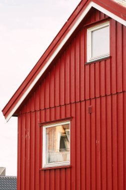 Norveç gölünün yakınındaki yemyeşil bir ormanda küçük kırmızı bir kulübe.