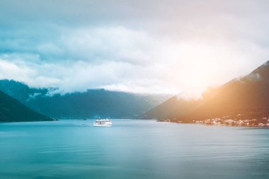 Yolcu gemisi sisli dağ kıyısından geçiyor.
