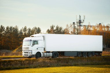 Beyaz kargo kamyonu kırsal yolda gidiyor.