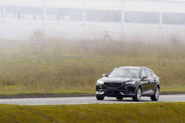 Pahalı siyah SUV yemyeşil tarlaları olan manzaralı bir yolda