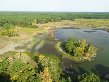 Ormanlarla çevrili bir göl yatağı.