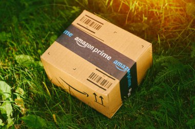 Amazon paketi yeşil çimlerde 13.09.2024 Avrupa, Polonya.