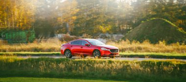 Kırmızı sedan manzaralı kırsal yolda